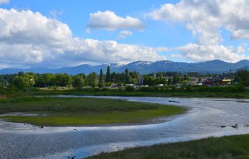 A stream runs through green marshland with a residential neighborhood in the background set against rolling mountains and a blue sky dotted with clouds Comox Vancouver Island BC Canada