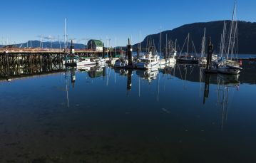 Marina with several white pleasure boats located in calm blue waters against blue skyline and mountain range in back near Cowichan Vancouver Island BC Canada 