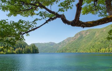 Forested mountain backdrop and blue sky over Cameron Lake in Vancouver Island British Columbia Canada