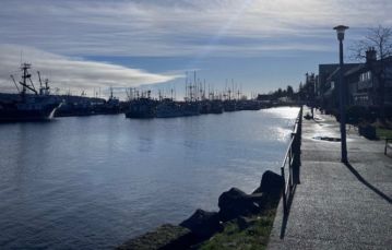 Paved walkway runs along the right side lamps dot the pathway blue water flows along the left side and the blue sky has some wispy clouds Campbell River, Vancouver Island, BC