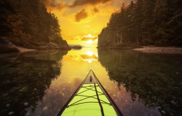 Bright yellow kayak tip pointing towards inlet between two forested shorelines bright yellow sun shining on water Vancouver Island Canada.